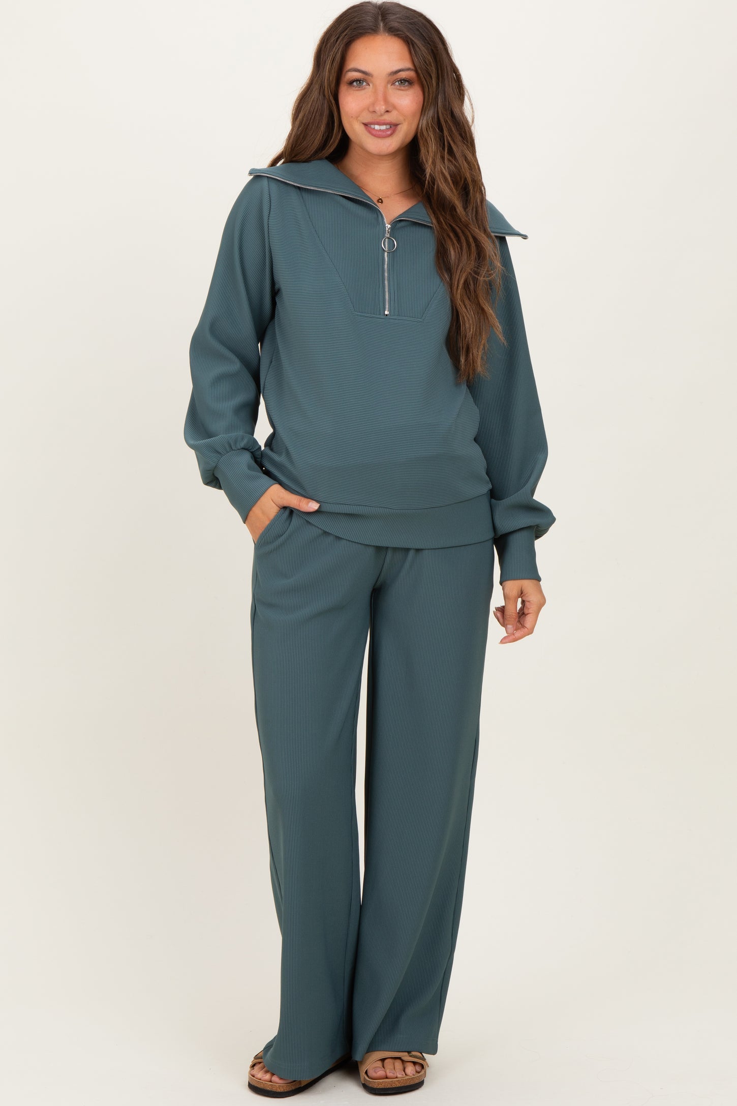 Teal Ribbed High Neck Half Zip Pullover Maternity Pant Set