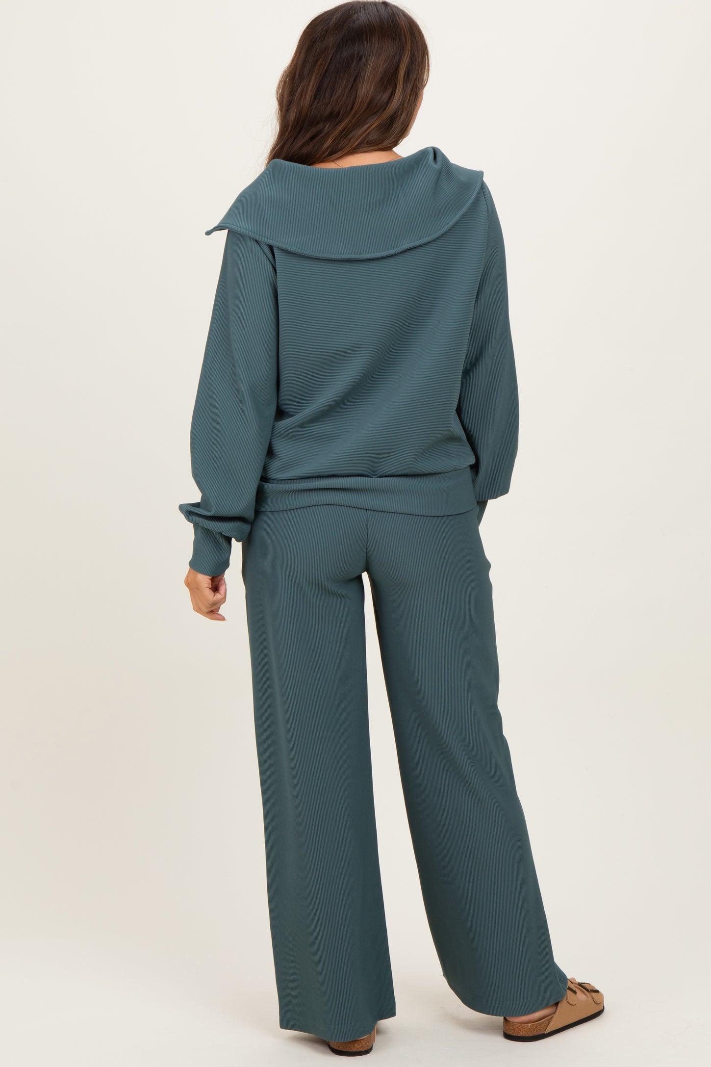 Teal Ribbed High Neck Half Zip Pullover Maternity Pant Set