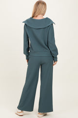 Teal Ribbed High Neck Half Zip Pullover Pant Set