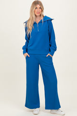 Blue Ribbed High Neck Half Zip Pullover Pant Set