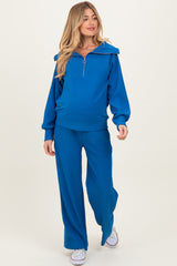 Blue Ribbed High Neck Half Zip Pullover Maternity Pant Set