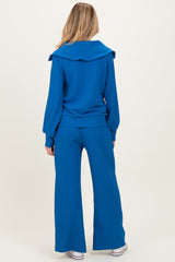 Blue Ribbed High Neck Half Zip Pullover Maternity Pant Set