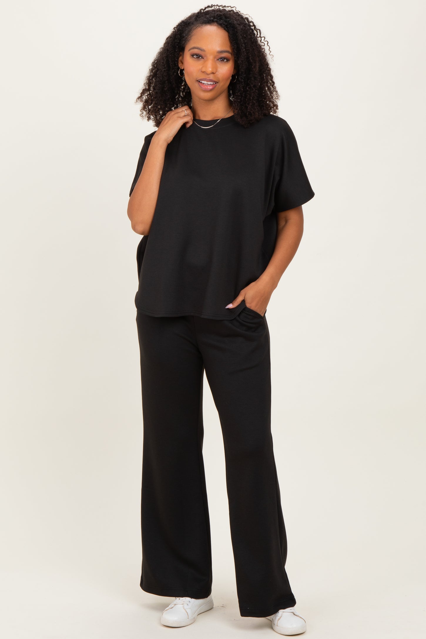 Black Curved Hem Tee Pants Maternity Set
