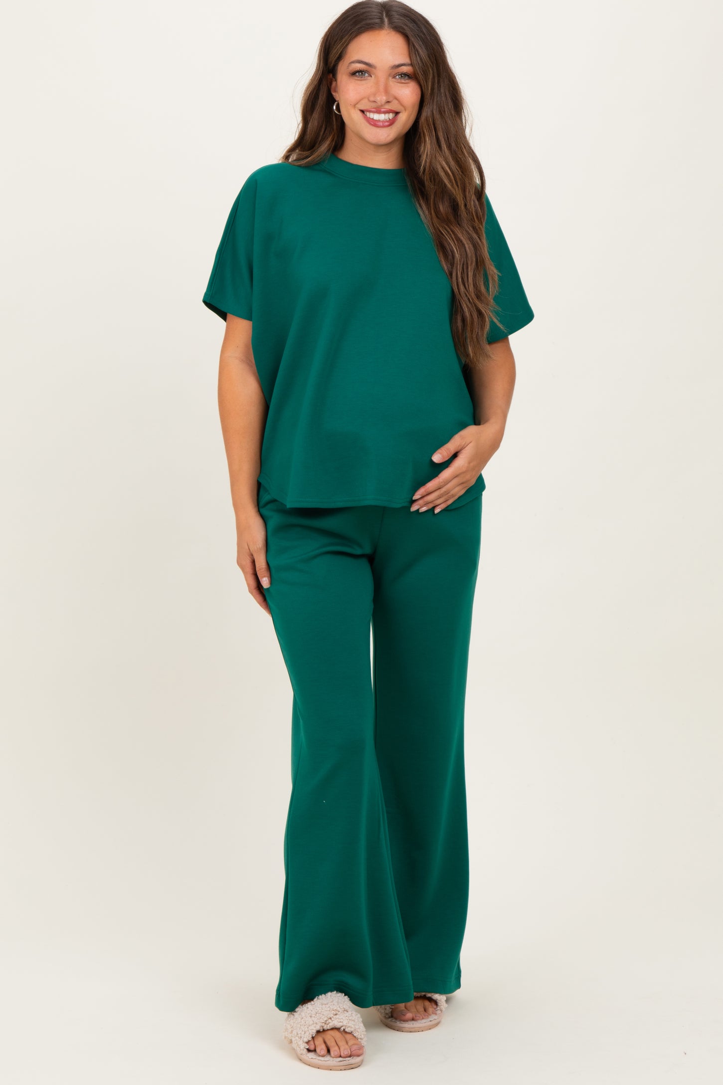 Hunter Green Curved Hem Tee Pants Maternity Lounge Set