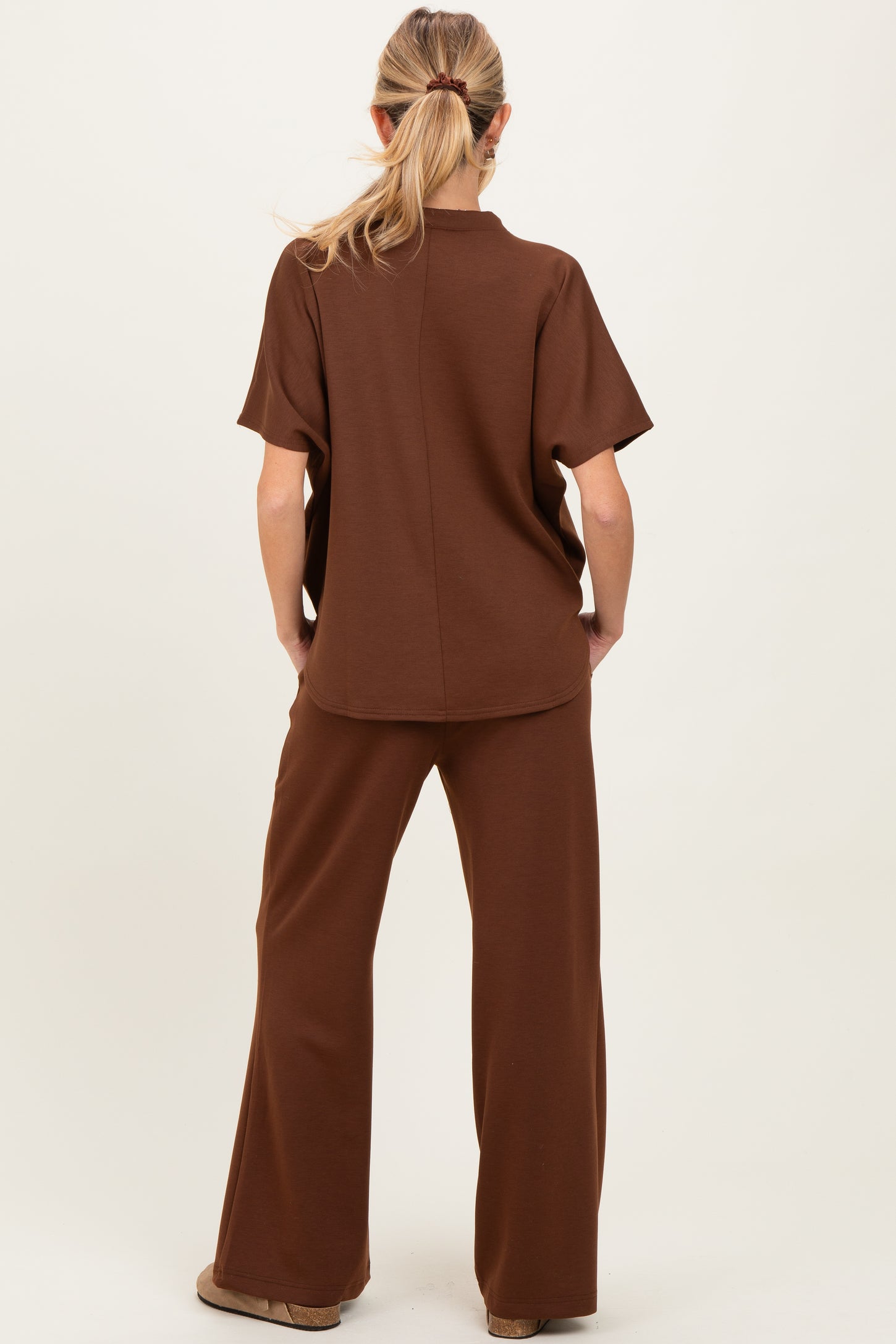 Brown Curved Hem Tee Pants Maternity Lounge Set