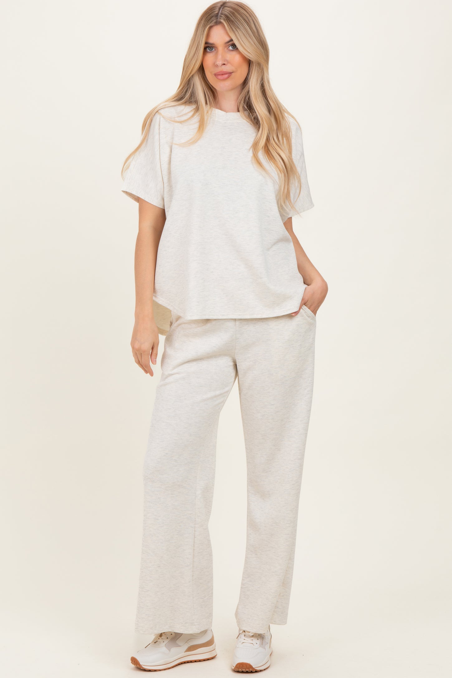 Cream Curved Hem Tee Pants Maternity Set