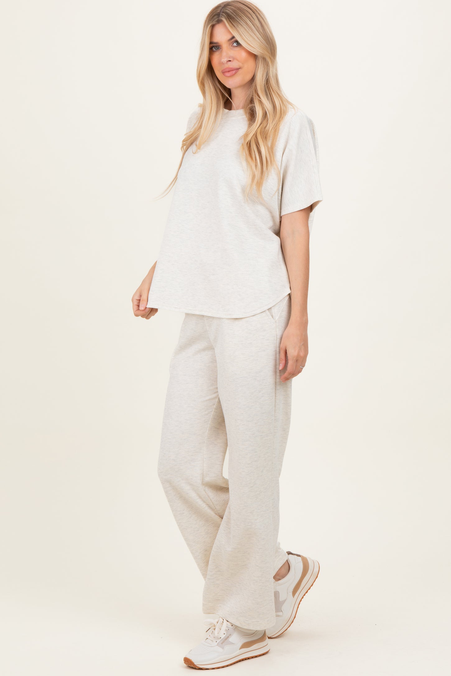 Cream Curved Hem Tee Pants Maternity Set