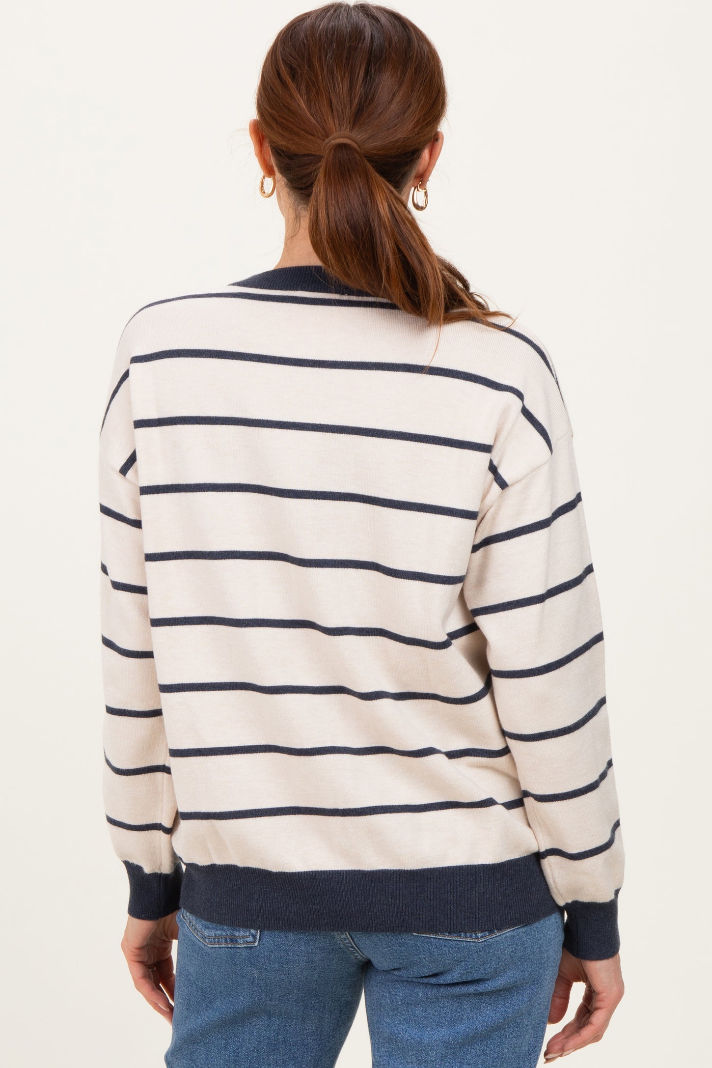 Oatmeal Striped Relaxed Fit Button Cardigan