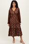 Brown Floral Lace Long Sleeve V-Neck Maxi Dress