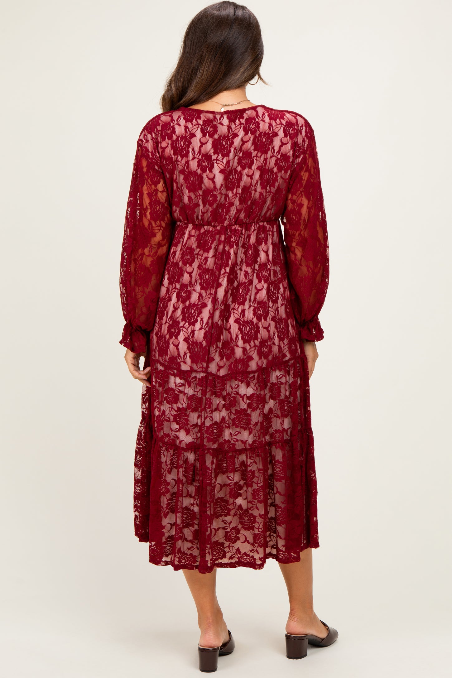 Burgundy Floral Lace Long Sleeve V-Neck Maternity Maxi Dress