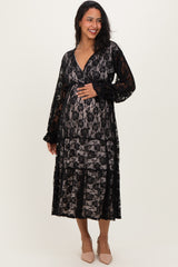 Black Floral Lace Long Sleeve V-Neck Maternity Maxi Dress