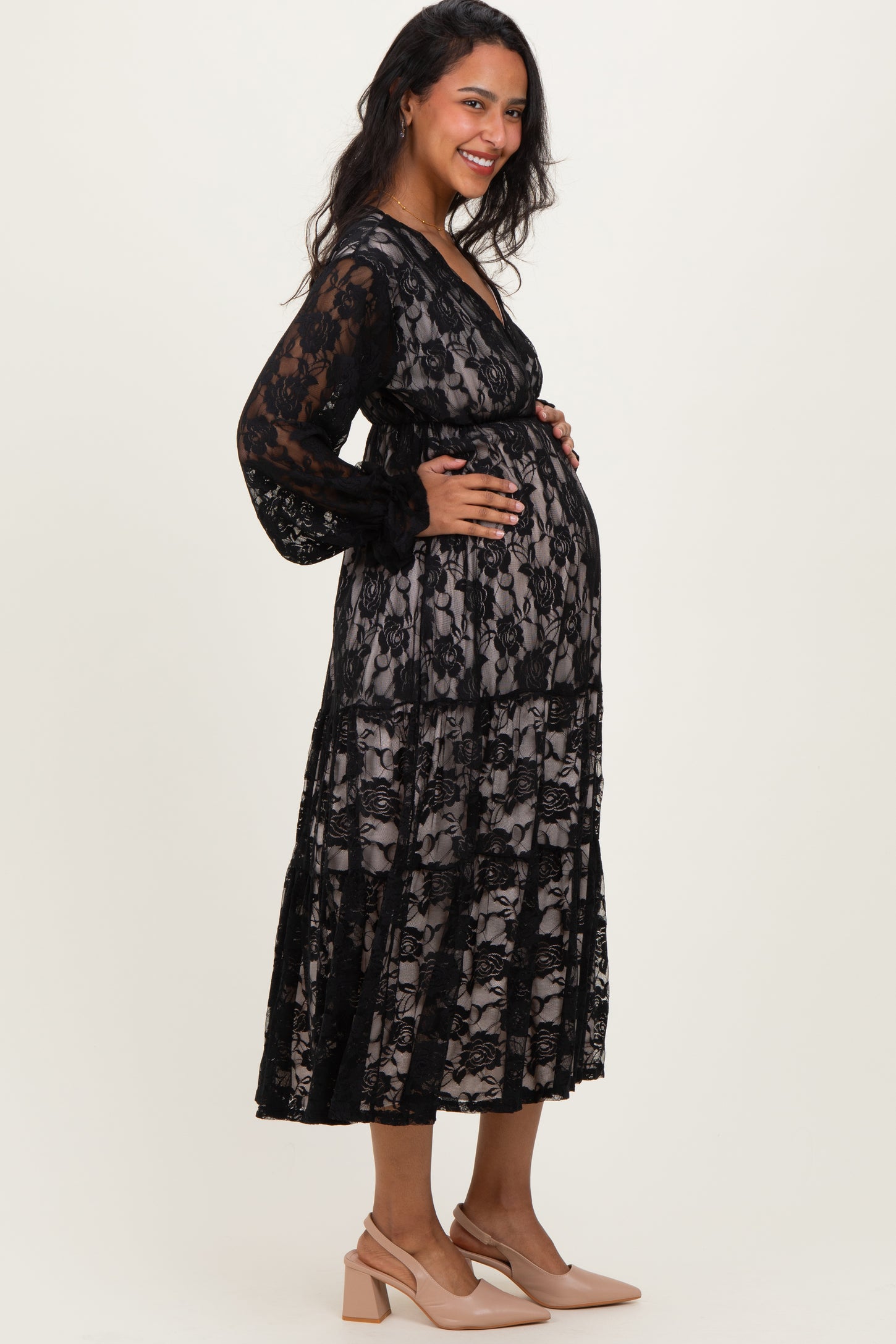 Black Floral Lace Long Sleeve V-Neck Maternity Maxi Dress