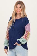 Navy Ribbed Long Sleeve Colorblock Top