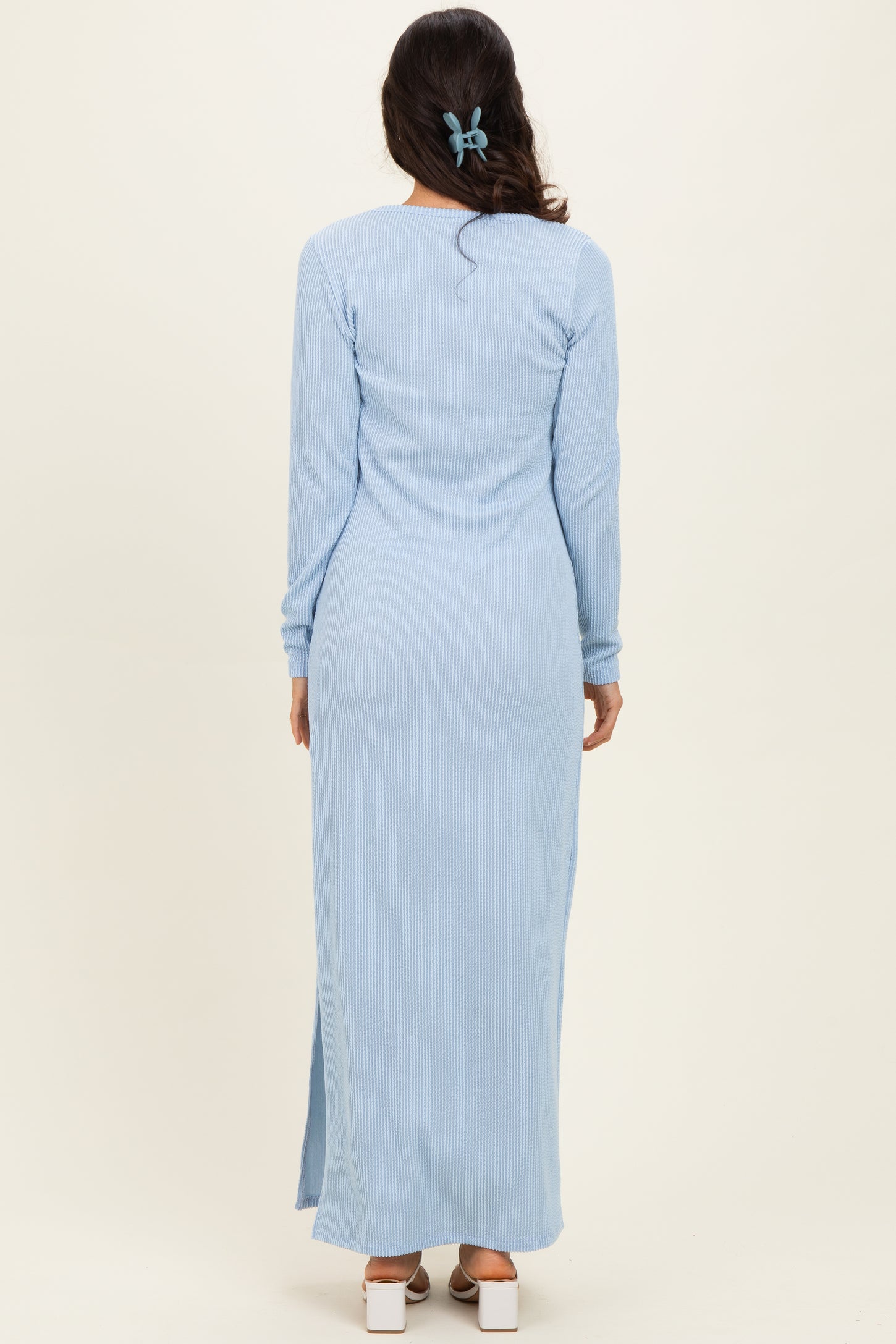 Light Blue Ribbed Long Sleeve Side Slit Maxi Dress