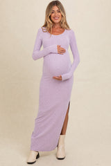 Lavender Ribbed Long Sleeve Side Slit Maternity Maxi Dress