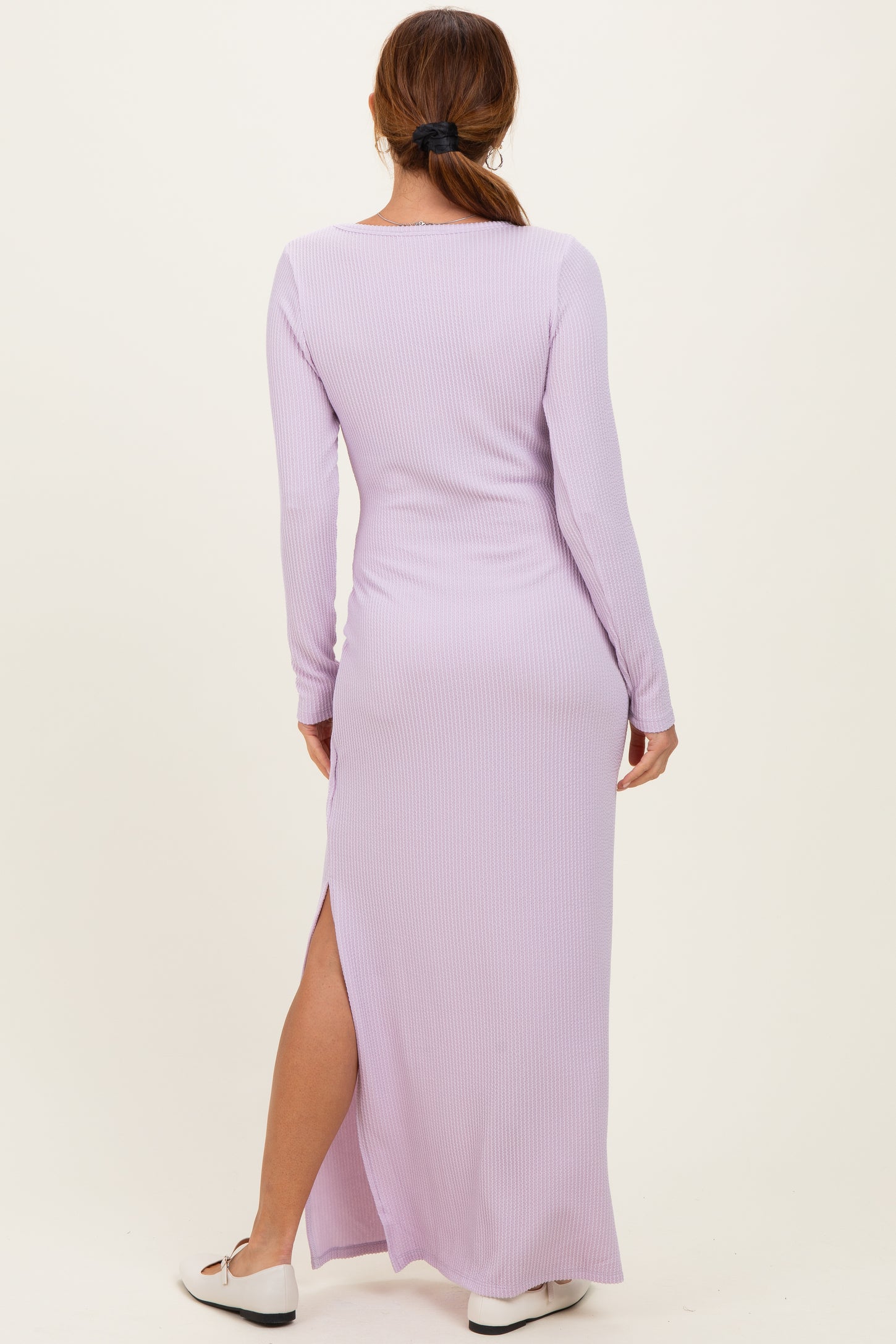 Lavender Ribbed Long Sleeve Side Slit Maxi Dress