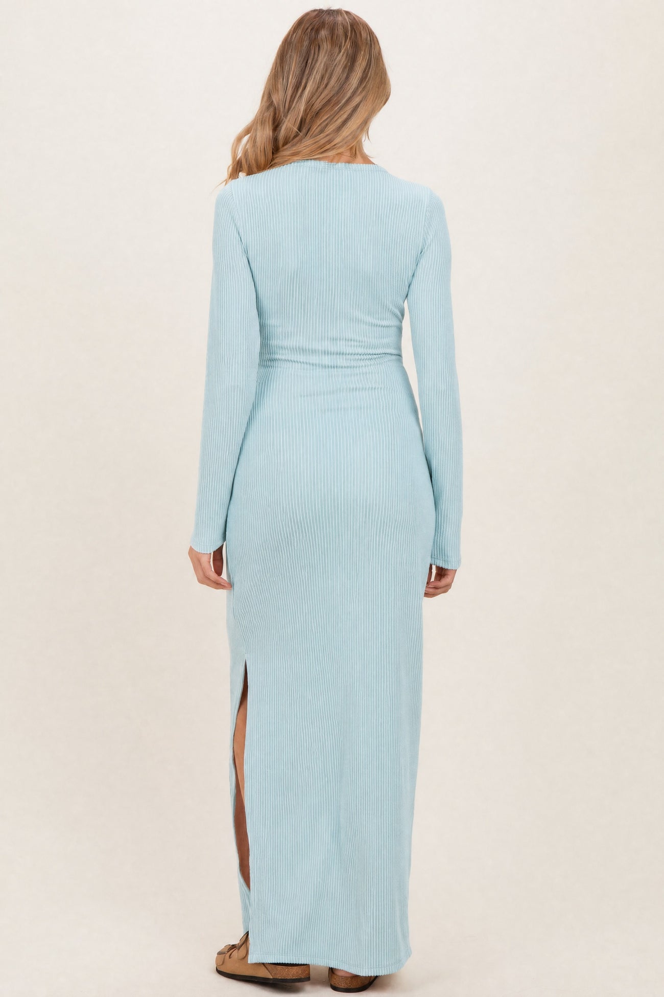 Mint Ribbed Long Sleeve Side Slit Maternity Maxi Dress