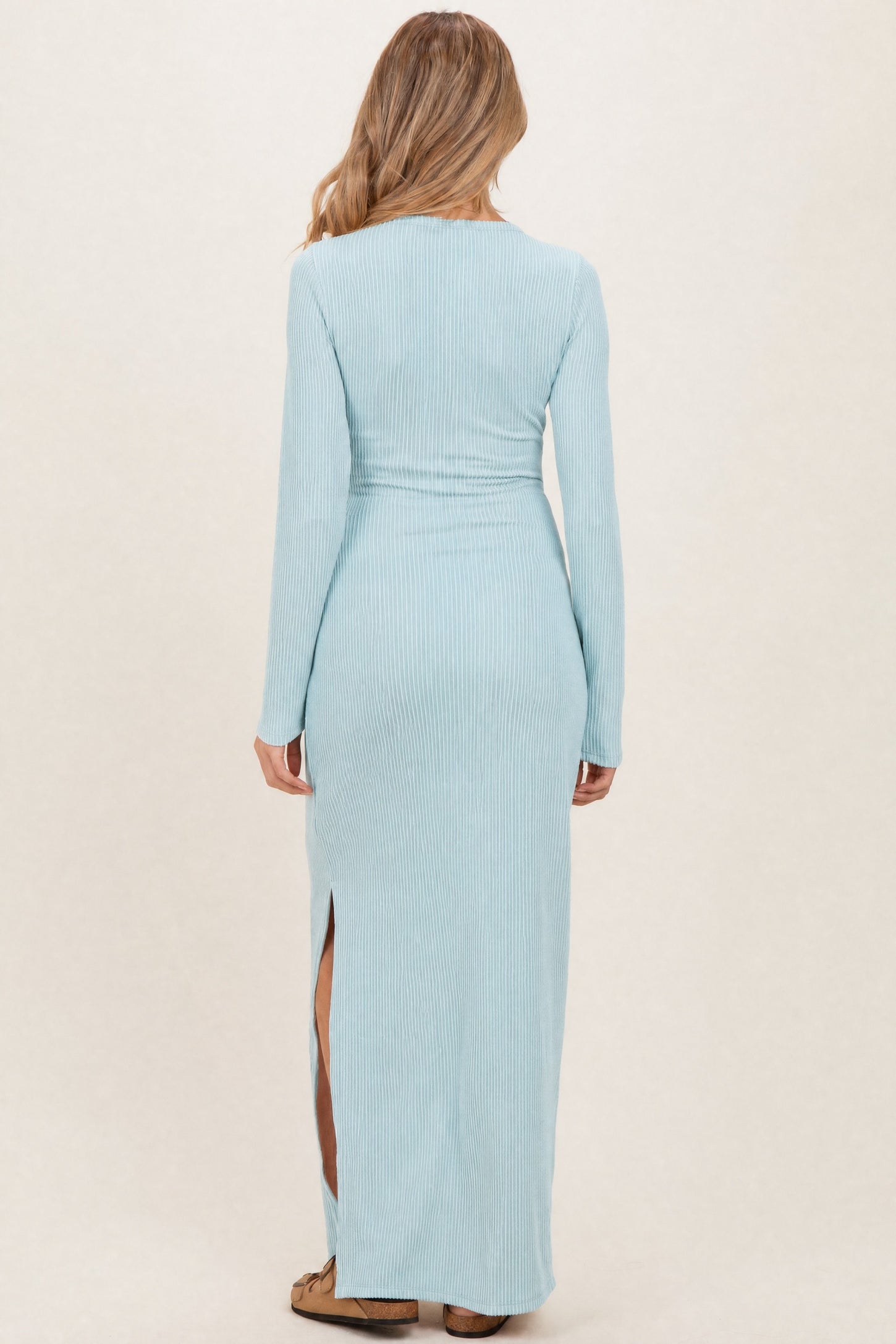 Mint Ribbed Long Sleeve Side Slit Maternity Maxi Dress