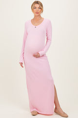 Light Pink Ribbed Long Sleeve Side Slit Maternity Maxi Dress