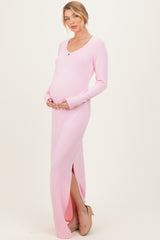 Light Pink Ribbed Long Sleeve Side Slit Maternity Maxi Dress