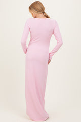 Light Pink Ribbed Long Sleeve Side Slit Maternity Maxi Dress