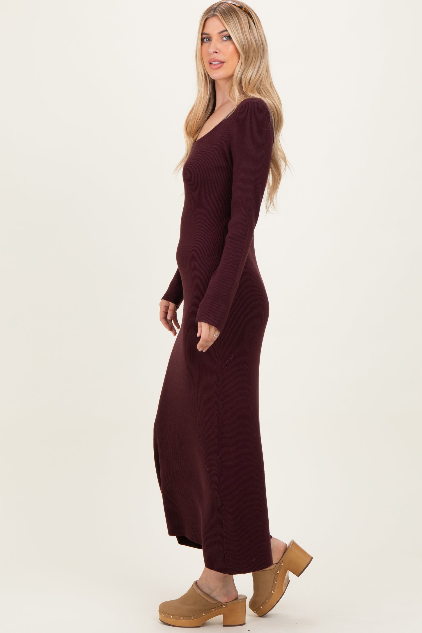 Plum Rib Knit Back Cutout Midi Dress