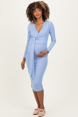Blue Ribbed Long Sleeve Maternity Wrap Dress