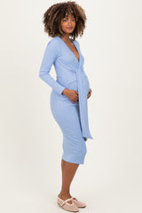 Blue Ribbed Long Sleeve Maternity Wrap Dress