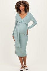 Sage Ribbed Long Sleeve Maternity Wrap Dress