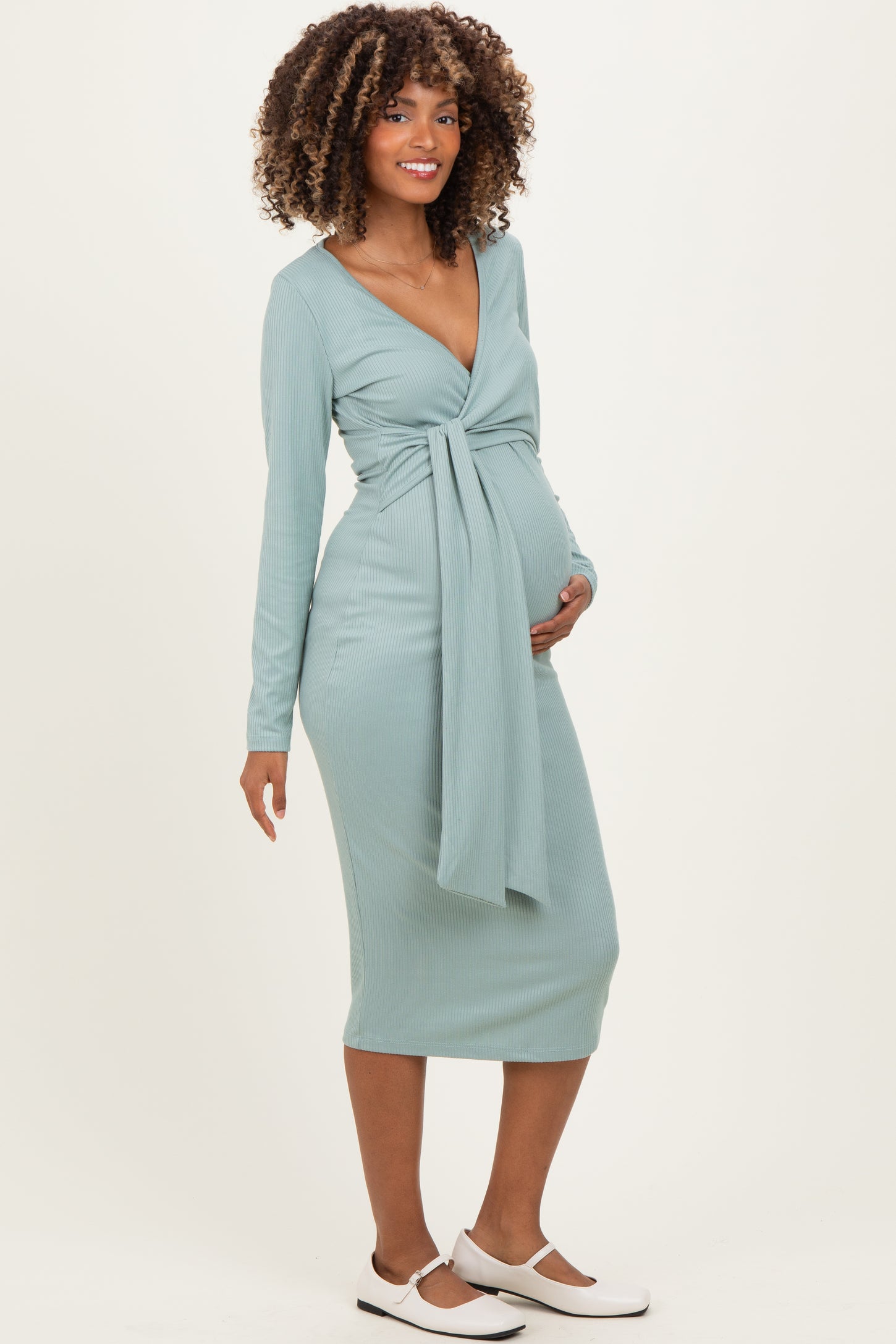 Sage Ribbed Long Sleeve Maternity Wrap Dress
