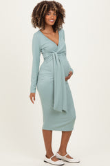Sage Ribbed Long Sleeve Maternity Wrap Dress