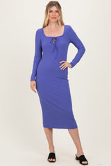 Blue Ribbed Long Sleeve Squareneck Fitted Midi Dress