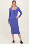 Blue Ribbed Long Sleeve Squareneck Fitted Midi Dress