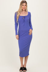 Blue Ribbed Long Sleeve Squareneck Fitted Midi Dress