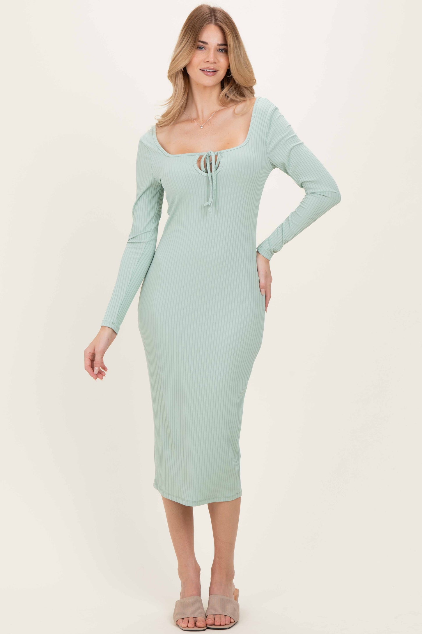 Sage Ribbed Long Sleeve Squareneck Fitted Midi Dress