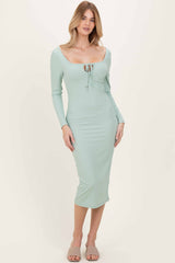 Sage Ribbed Long Sleeve Squareneck Fitted Midi Dress