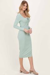 Sage Ribbed Long Sleeve Squareneck Fitted Midi Dress