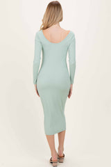 Sage Ribbed Long Sleeve Squareneck Fitted Midi Dress