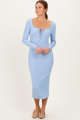 Light Blue Ribbed Long Sleeve Squareneck Fitted Midi Dress
