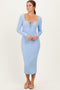 Light Blue Ribbed Long Sleeve Squareneck Fitted Midi Dress