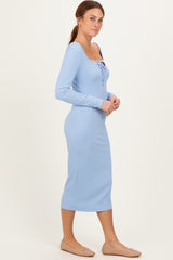 Light Blue Ribbed Long Sleeve Squareneck Fitted Midi Dress