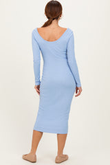 Light Blue Ribbed Long Sleeve Squareneck Fitted Midi Dress