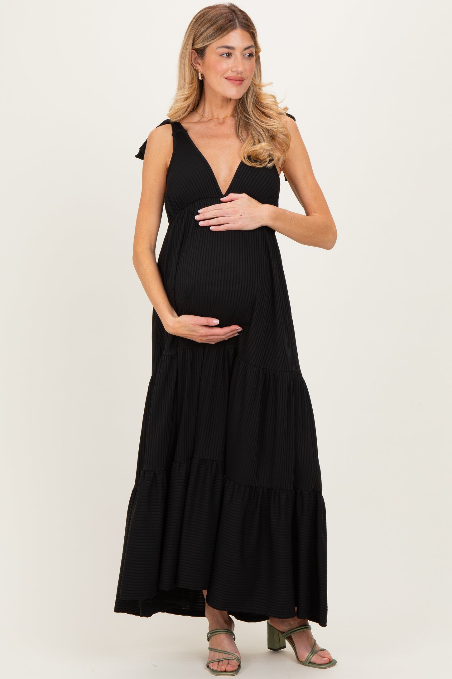 Black Shoulder Tie Ribbed Tiered Maternity Maxi Dress