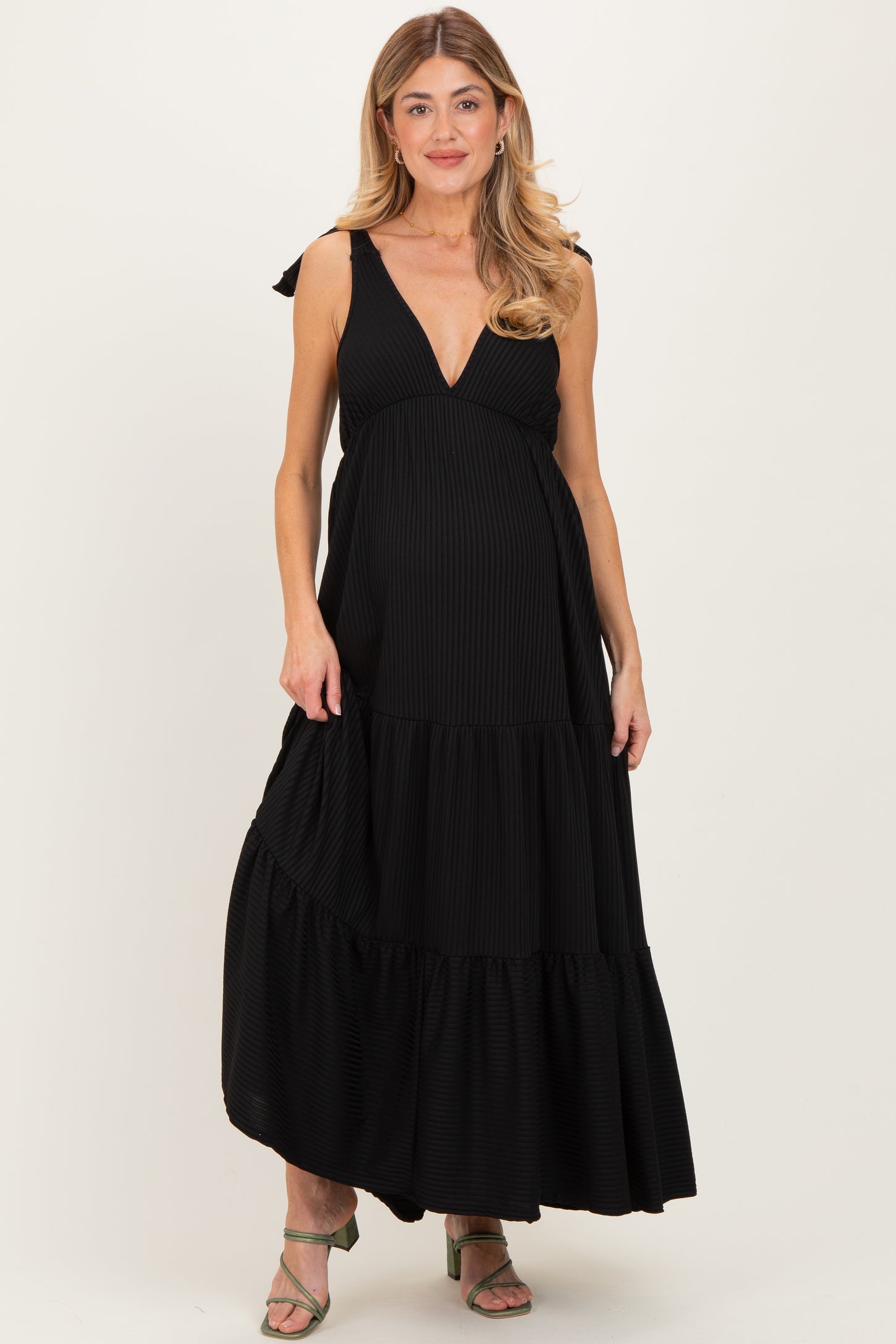 Black Shoulder Tie Ribbed Tiered Maternity Maxi Dress