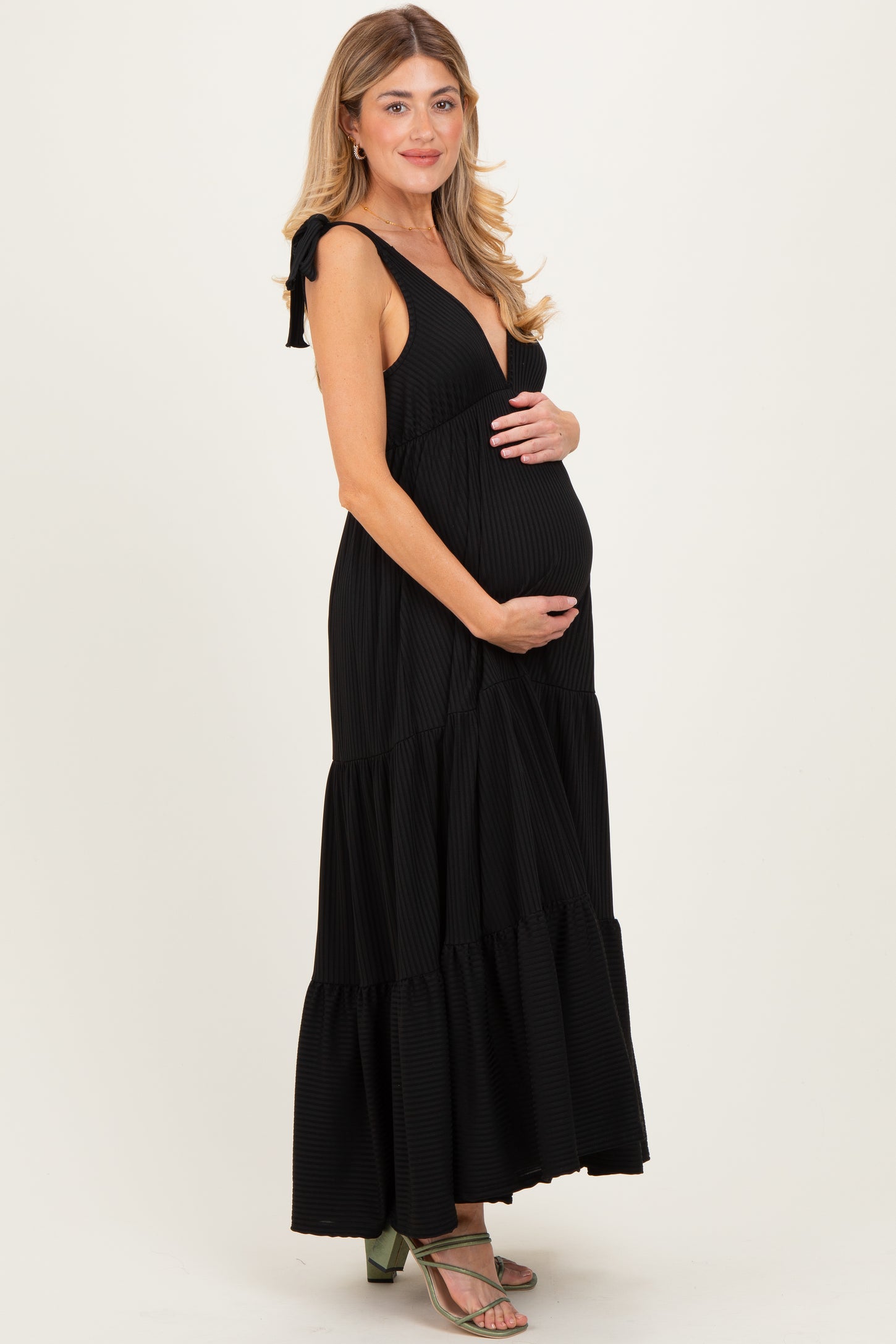 Black Shoulder Tie Ribbed Tiered Maternity Maxi Dress