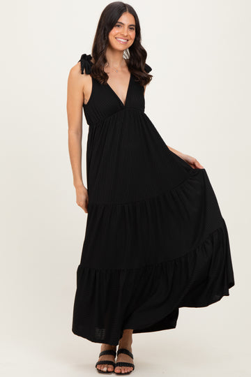 Black Shoulder Tie Ribbed Tiered Maxi Dress