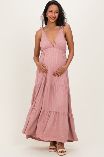 Mauve Shoulder Tie Ribbed Tiered Maternity Maxi Dress