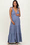 Blue Shoulder Tie Ribbed Tiered Maternity Maxi Dress
