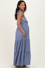 Blue Shoulder Tie Ribbed Tiered Maternity Maxi Dress