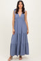 Blue Shoulder Tie Ribbed Tiered Maxi Dress